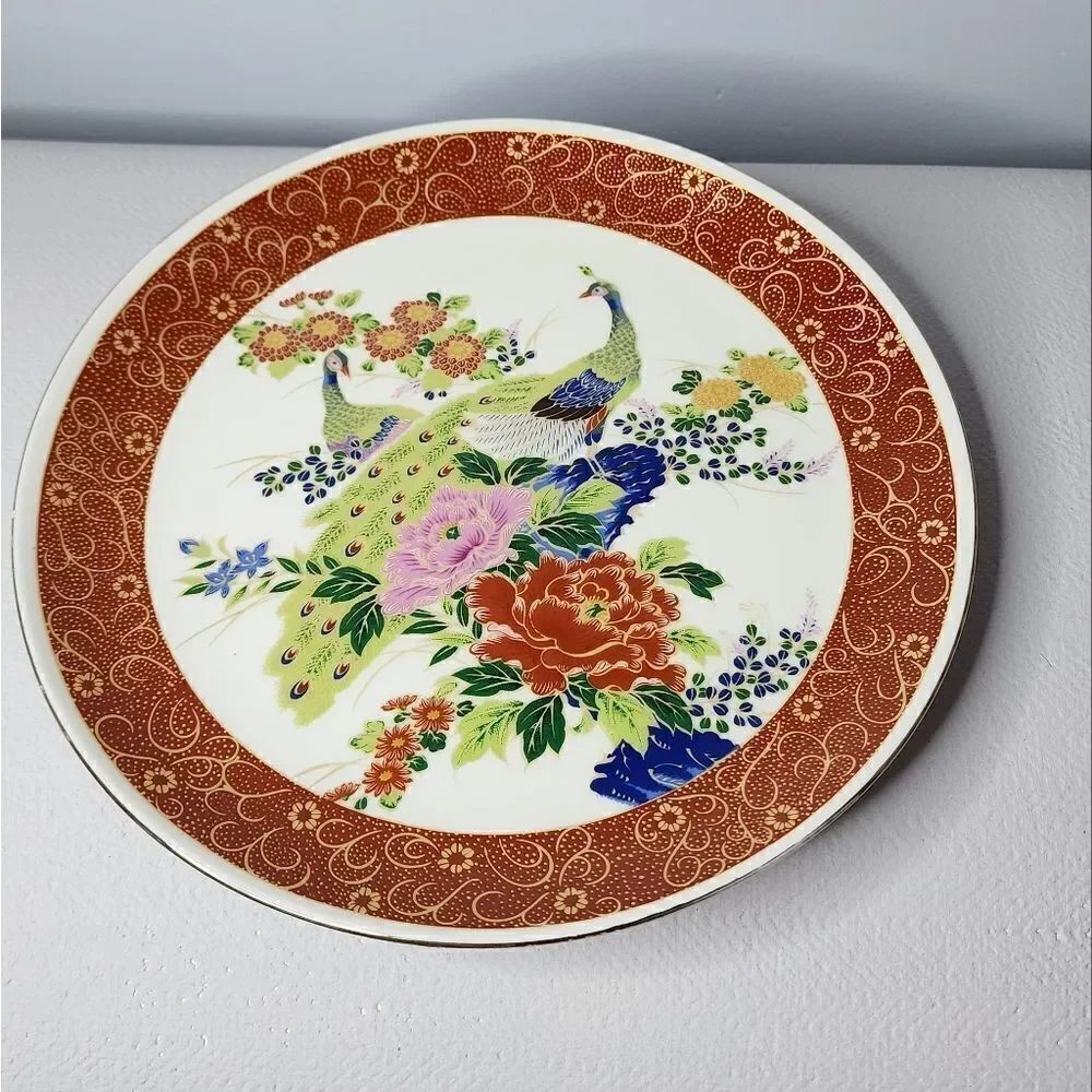 VINTAGE STUNNING JAPANESE SATSUMA GLIDED RED/RUST PEACOCK PLATE WITH FLOWERS